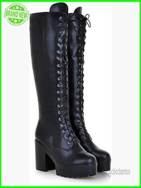 Lace-up Knee High Combat Stacked Heel Boot Chunky Platform Shoes